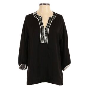Paperwhite Black Jeweled Tunic Blouse S Oversized Rhinestone V-Neck 3/4 Sleeve